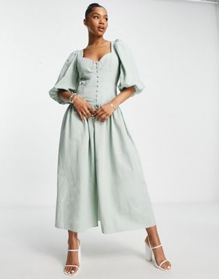Nobody's Child Harriet Linen Dress In Green | ModeSens