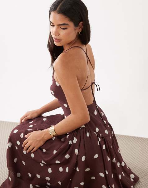Nobody's Child Hartley chiffon high square neck pleated hip cami midi dress in brown spot - view 1