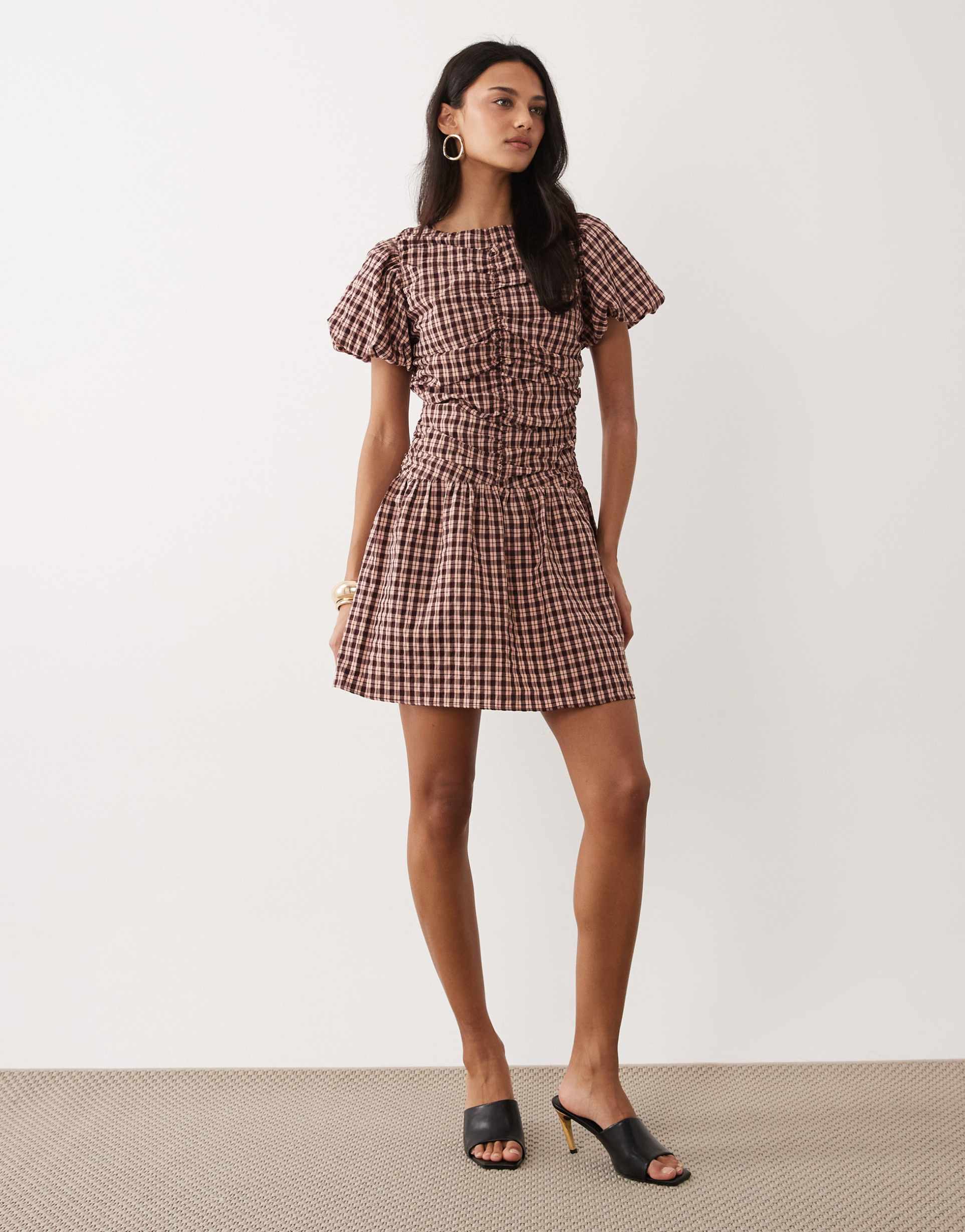 nobody's child haven ruched front puff sleeve mini dress in red gingham