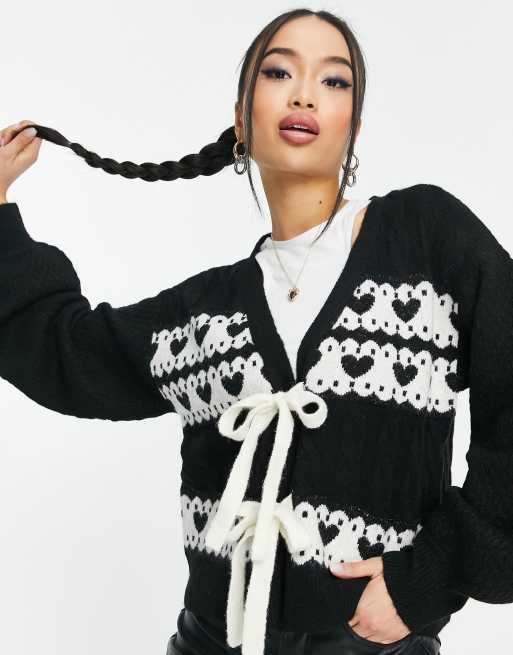 Nobody's Child heart jacquard tie detail cardigan in monochrome ASOS