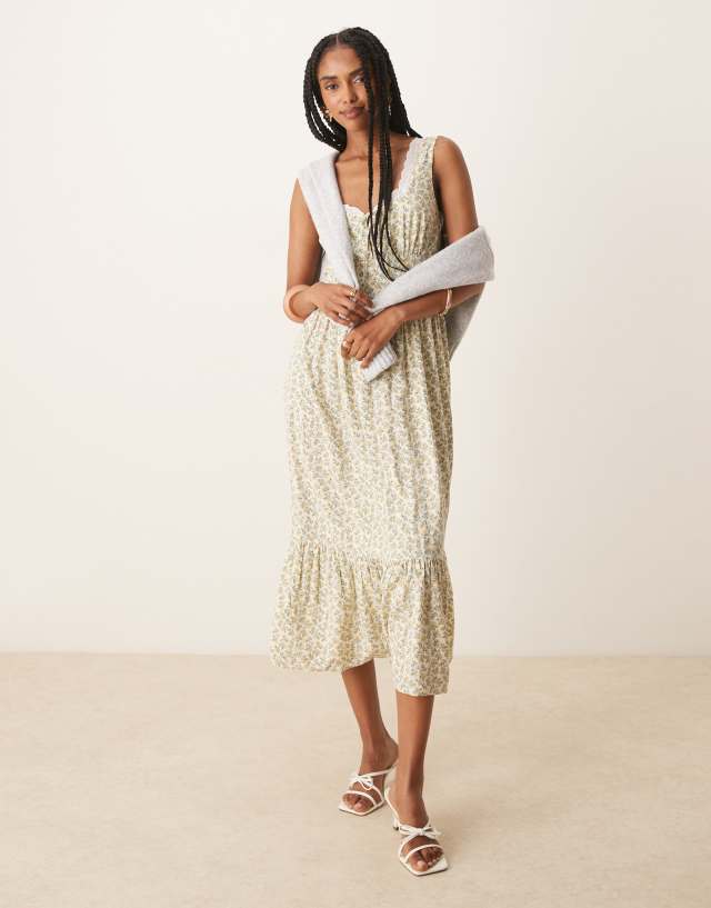 Nobody's Child Heather lace trim midi dress in green floral | ASOS