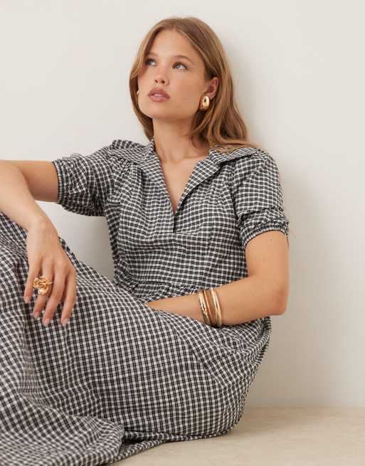 Nobody's Child - Hebe - Midaxi-kjole med pufærmer og sort/hvidt gingham-tern, 3 af 4