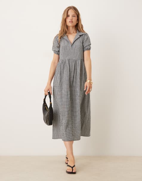 Nobody's Child Hebe puff sleeve midaxi dress in mono gingham - view 1