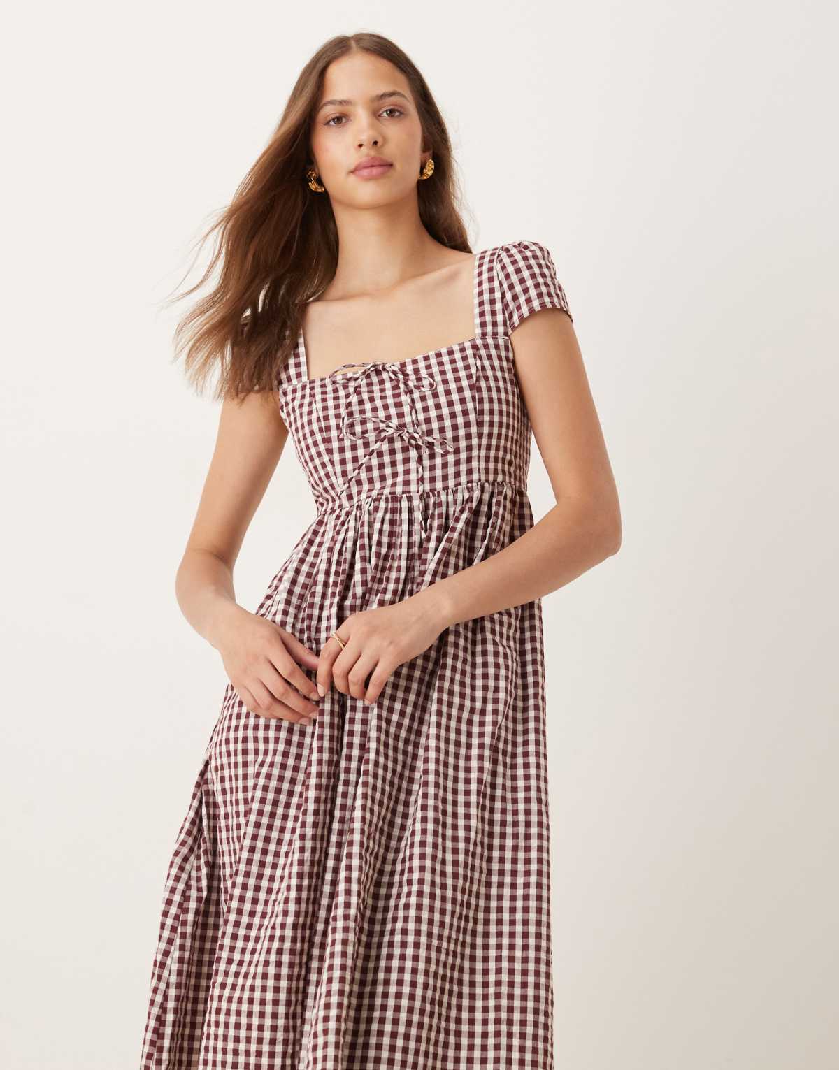 Nobody's Child Heidi square neck midi dress in brown check
