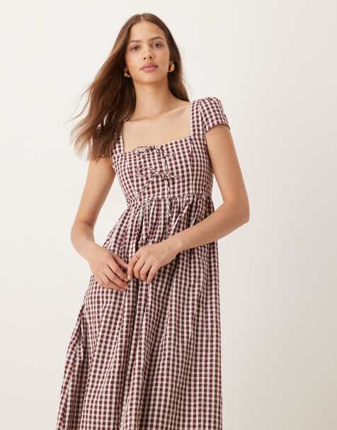 Nobody's Child Heidi square neck midi dress in brown check