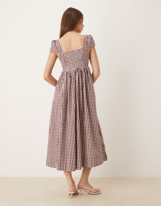 Nobody's Child Heidi square neck midi dress in brown check, 3 of 4