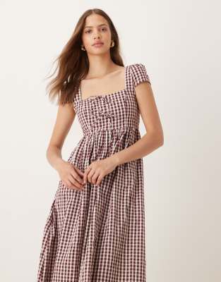 Heidi square neck midi dress in brown gingham-Red