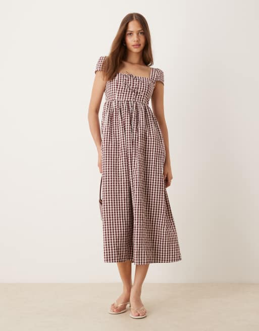 Nobody's Child Heidi square neck midi dress in brown gingham, 2 of 4