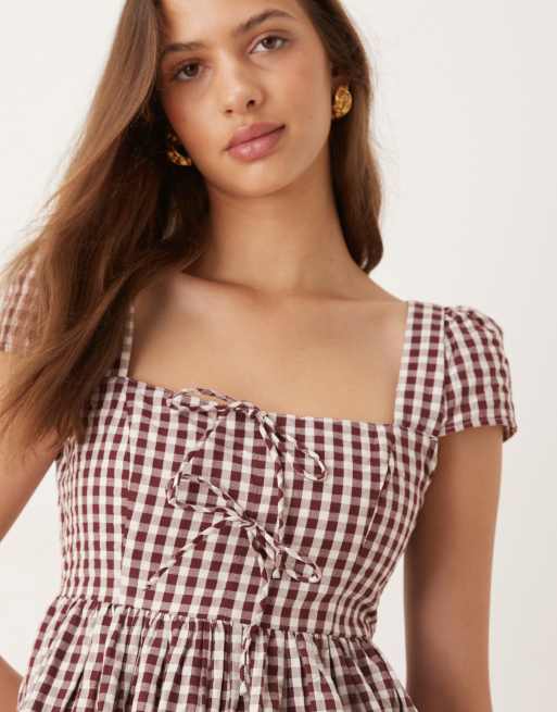 Nobody's Child Heidi square neck midi dress in brown gingham, 4 of 4