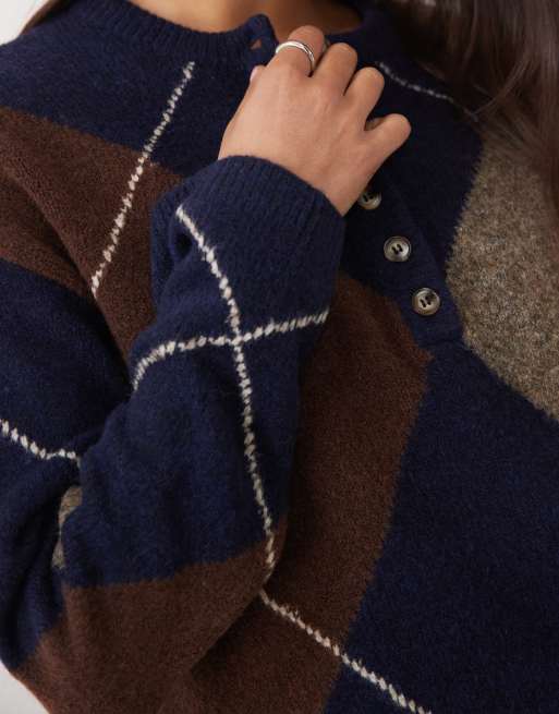 Nobody's Child Henley wool mix collar detail ribbed trim jumper in navy argyle, 3 of 4