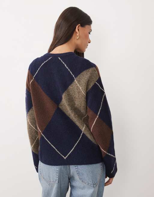 Nobody's Child Henley wool mix collar detail ribbed trim jumper in navy argyle, 4 of 4