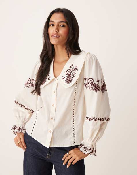 Nobody's Child Henrietta embroidered shirt in ivory - view 1