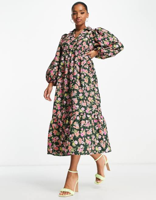 Nobody's Child Henrietta oversize smock midi dress in green floral ...