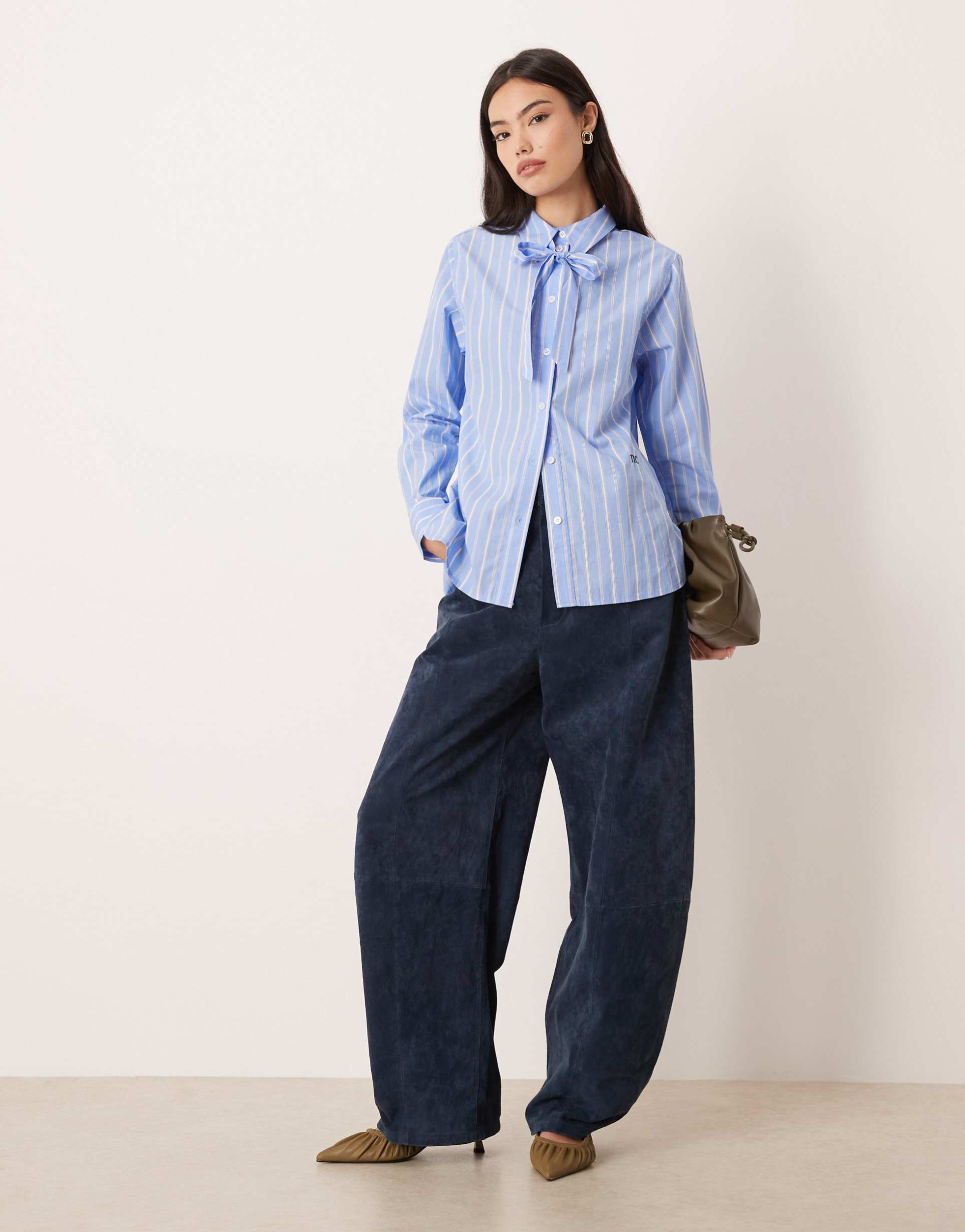 nobody's child hepburn pussybow shirt in blue stripe