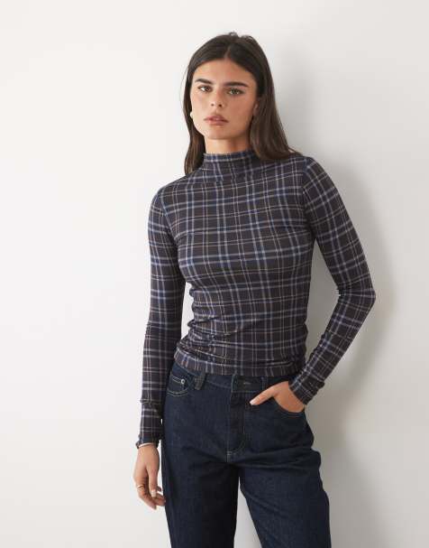 Nobody's Child high neck long sleeve top in blue plaid - view 1