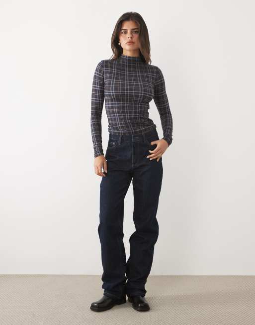 Nobody's Child high neck long sleeve top in blue plaid, 2 of 4