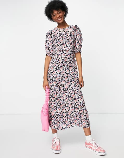 Nobody's Child high neck midi tea dress in dark floral - view 1