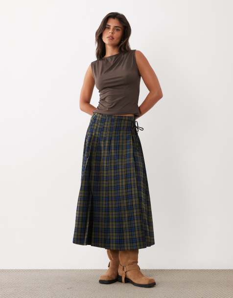 Nobody's Child high rise tie detail pleated maxi skirt in blue and green check - view 1
