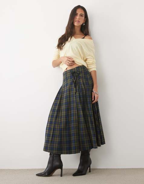 Nobody's Child high rise tie detail pleated maxi skirt in blue and green plaid - view 1