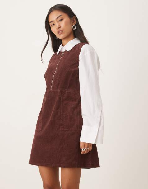 Nobody's Child Homerton a-line cord pinafore mini dress in chocolate
