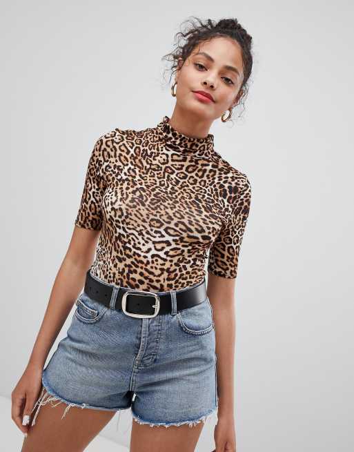 Nobody's Child - Hoogsluitende body met korte mouwen en luipaardprint