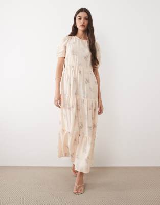 Hudson - Gestuftes Midikleid in Rosa mit Blumenmuster, Rundhalsausschnitt und Puffärmeln Rosa 34