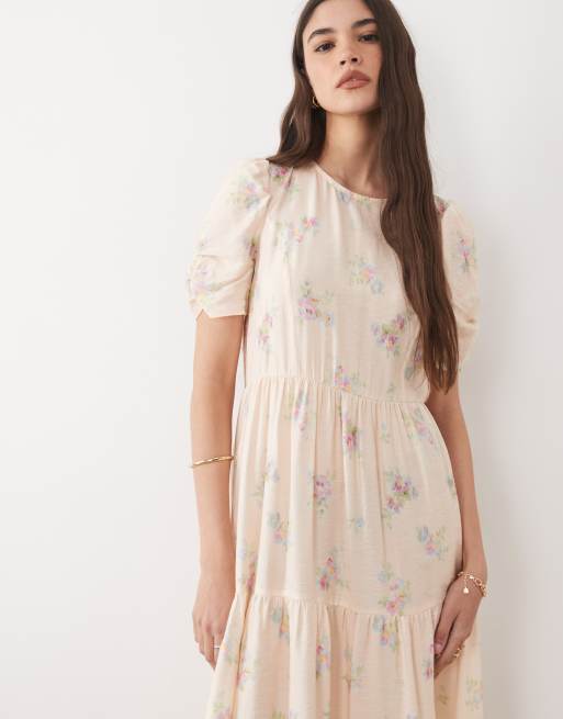 Nobody's Child Hudson round neck puff sleeve tiered midi dress in pink  floral | ASOS