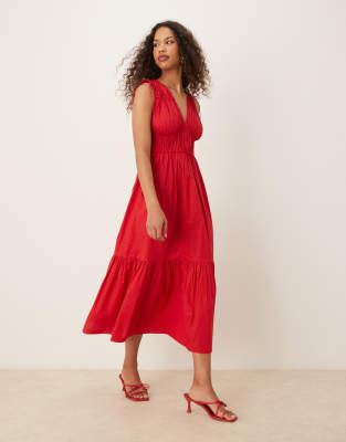 Nobody's Child - Ianthe - Midikleid in Rot mit V-Ausschnitt und Bindedetail
