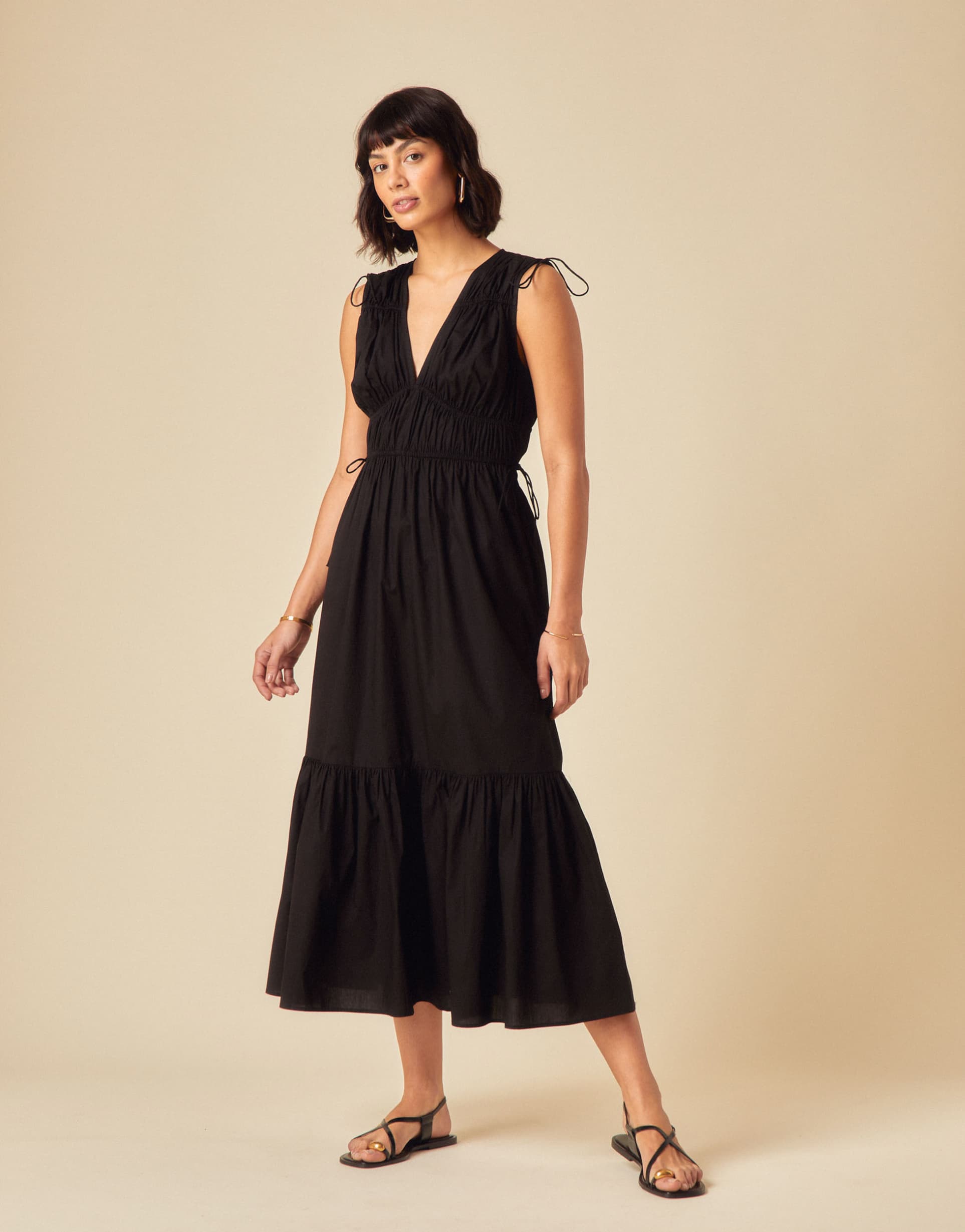 nobody's child ianthe v-neck tie detail ruched midi dress in black
