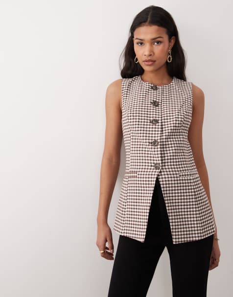 Nobody's Child - Immy - Gilet de tailleur long en coton mélangé à carreaux - Marron - view 1