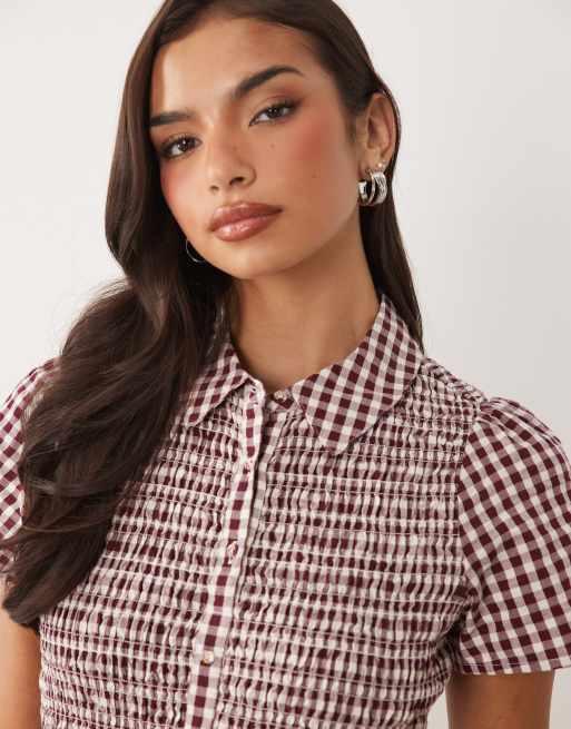 Nobody's Child Ioni cotton puff cap sleeve shirt mini dress in plum gingham check, 3 of 4