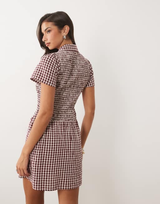 Nobody's Child Ioni cotton puff cap sleeve shirt mini dress in plum gingham check, 4 of 4