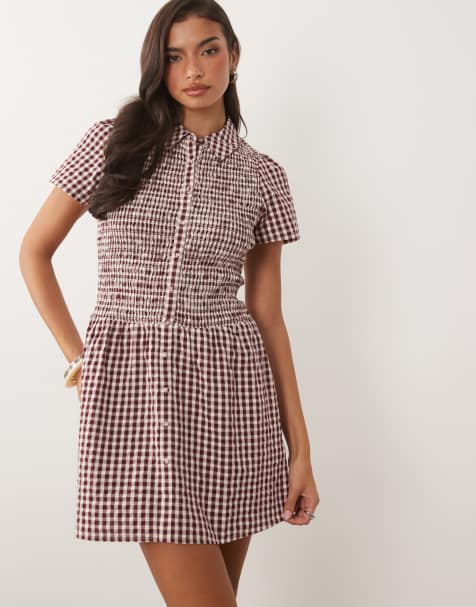 Nobody's Child Ioni puff cap sleeve shirt mini dress in plum gingham check - view 1