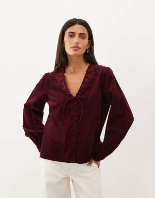 Nobody's Child Isla Cord Embroidered Collar Tie Front Long Sleeve Top In Burgundy