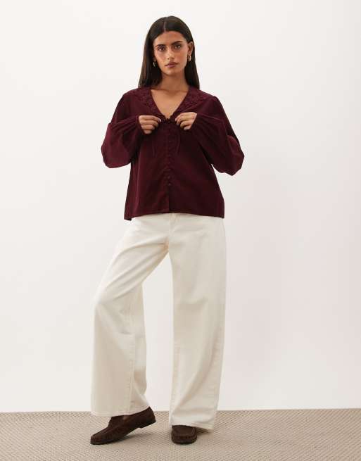 Nobody's Child Isla cord embroidered collar tie front long sleeve top in burgundy, 2 of 4
