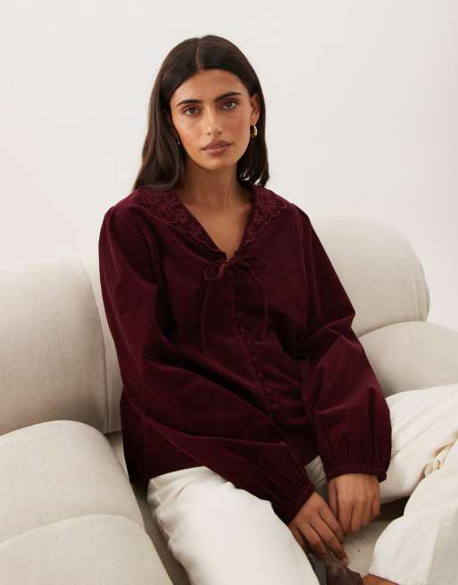 Nobody's Child Isla cord embroidered collar tie front long sleeve top in burgundy, 3 of 4