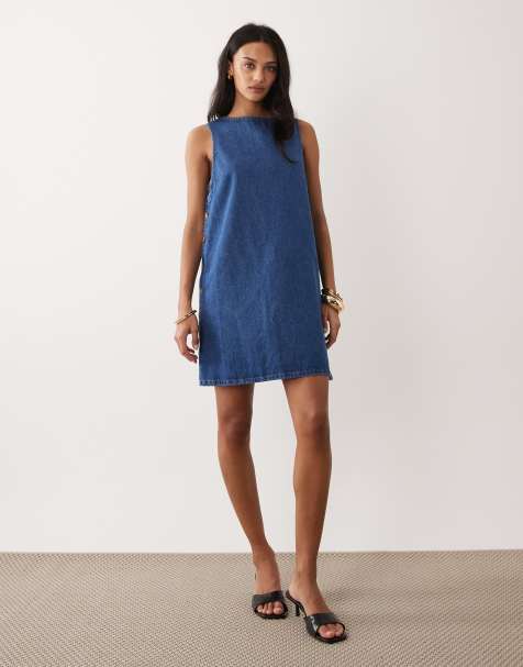 Nobody's Child Izzie cotton denim button side pinafore mini dress in blue - view 1
