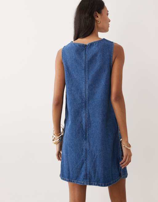 Nobody's Child Izzie cotton denim button side pinafore mini dress in blue, 4 of 4
