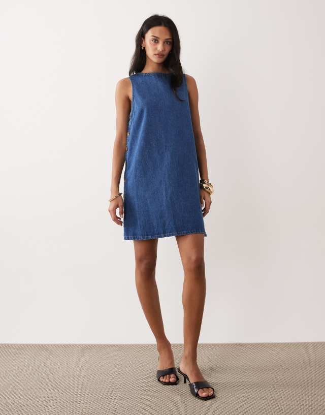 mini denim pinafore dress Nobody's Child Izzie button side in blue Sleeveless Shoes to Match Champagne back_style:Backless Perfect for pairing with Riding Boot Size:UK 8