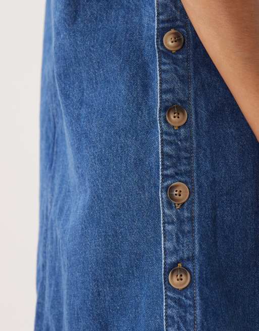 Nobody's Child Izzie denim button side pinafore mini dress in blue, 3 of 4