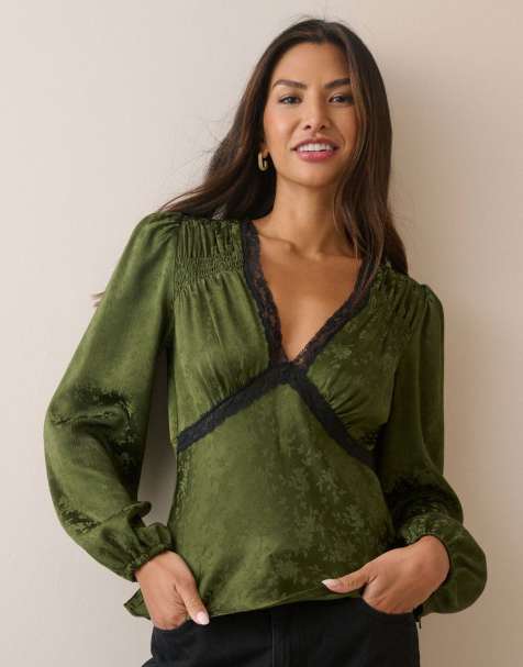 Nobody's Child Jacquard floral lace trim angela top in green - view 1
