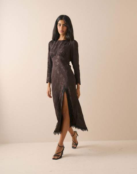 Nobody's Child Jacquard floral long sleeve jamie midi dress in brown - view 1