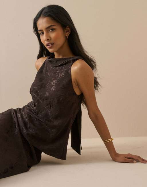 Nobody's Child Jacquard floral satin leila top in brown, 5 of 5