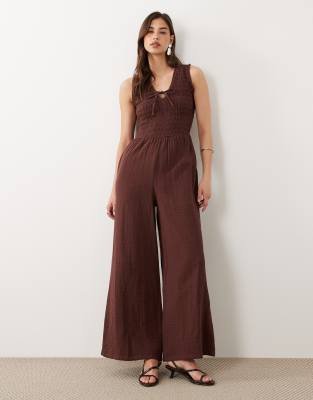 Nobody's Child Jayda Cotton V-neck Shirred Bodice Wide Leg Jumpsuit In Multi