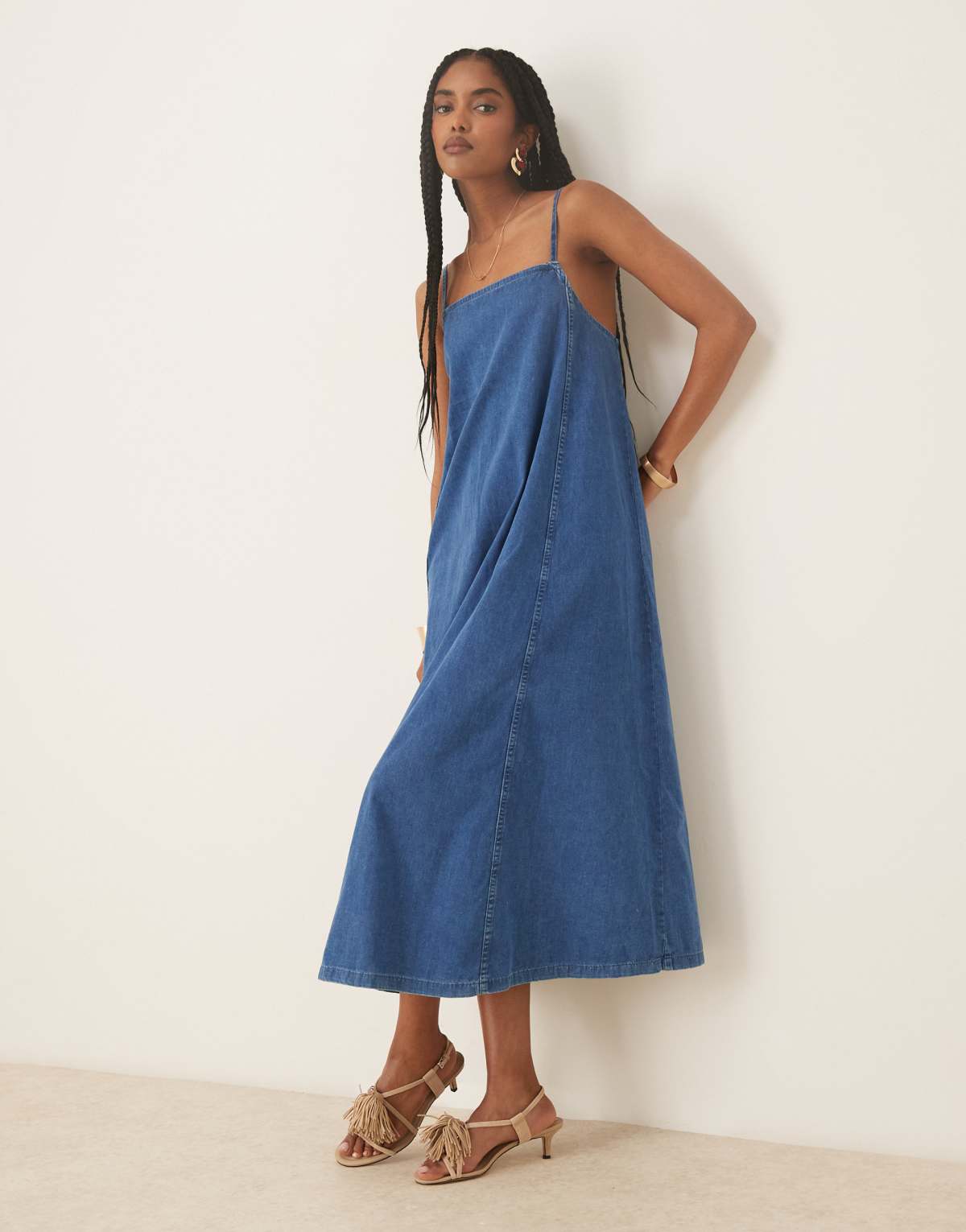 Nobody's Child Jazmine trapeze denim midi dress in mid blue