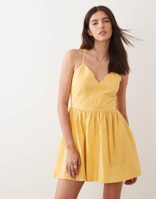 Nobody's Child Jenna Linen Blend Scallop Edge V-neck Cross Back Detail Cami Mini Dress In Yellow