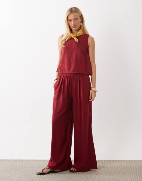Nobody's Child Jerrow linen blend elasticated waist wide leg pants in deep red - view 1