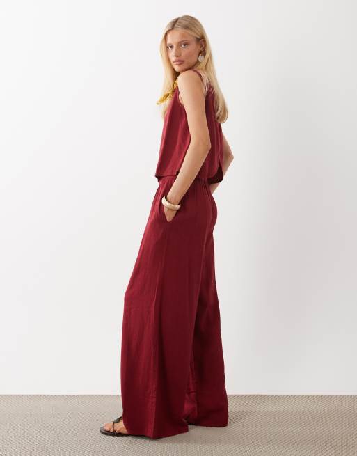 Nobody's Child Jerrow linen blend elasticated waist wide leg pants in deep red, 2 of 5