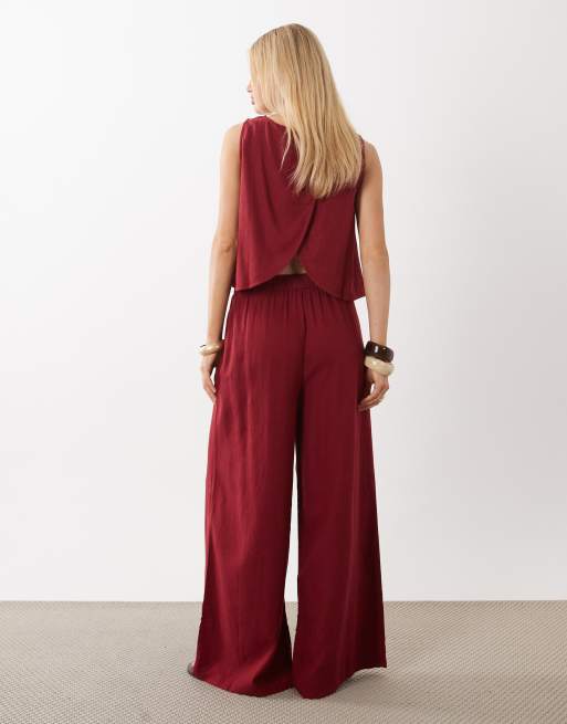Nobody's Child Jerrow linen blend elasticated waist wide leg pants in deep red, 4 of 5