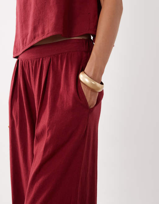 Nobody's Child Jerrow linen blend elasticated waist wide leg pants in deep red, 5 of 5